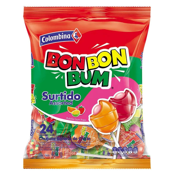 Bon Bon Bum Lollipop with Gum Mixed Flavours Colombina Pack of 24 (456g)